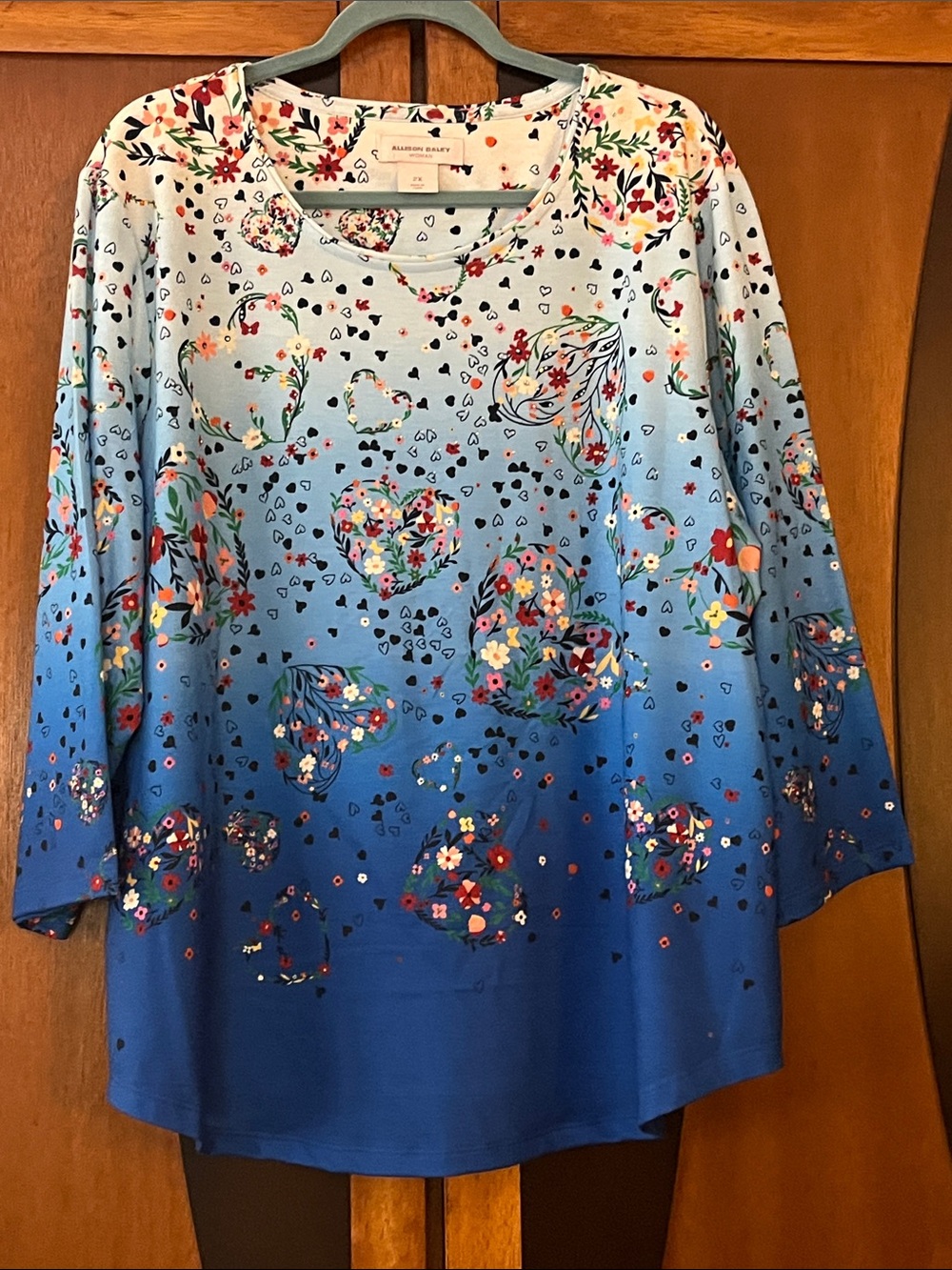 Allison Daley Blue Ombre Floral Heart Long-Sleeve Top w/Sparkles at Neckline